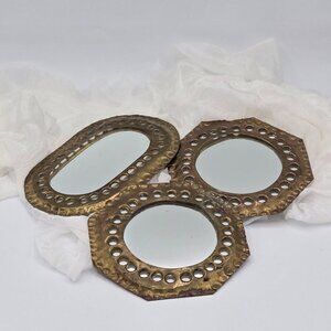 Set of 3 Vintage Metal Mirrors with Perforated Frames - Handcrafted Boho Decor